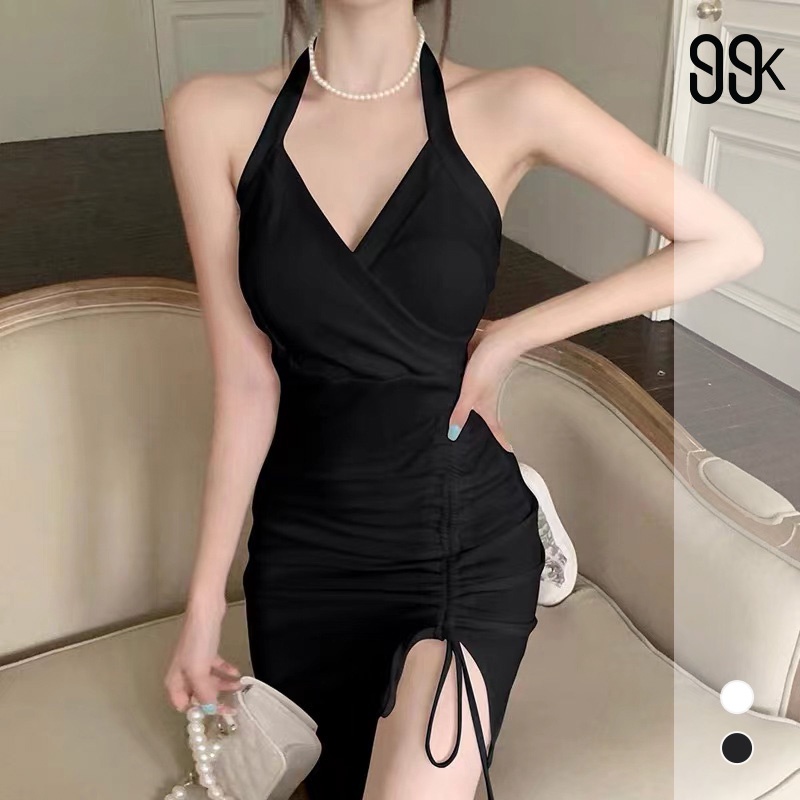 Women Halter Bodycon With Drawstring Mini Dress Wanita Tanpa Lengan 1466 (S-XL)