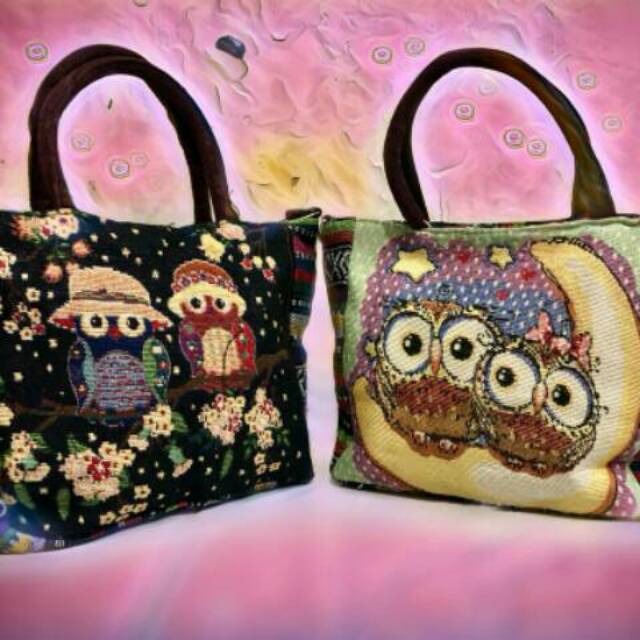 TAS ANYAMAN BORDIR MOTIF OWL SERBAGUNA