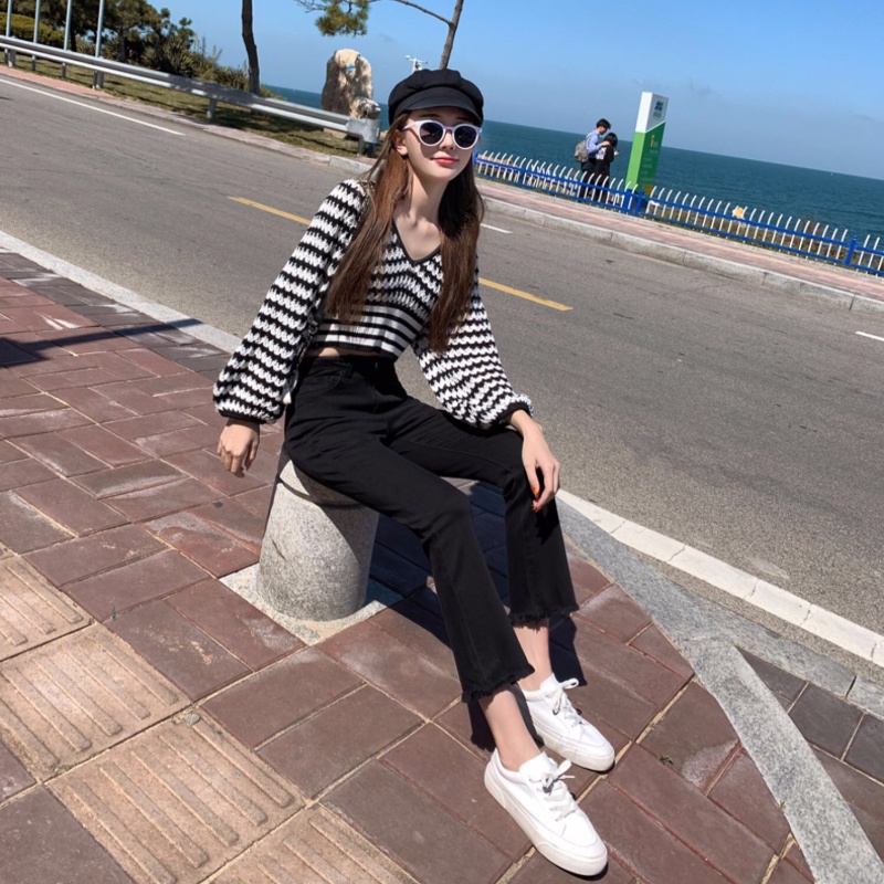 MOOGU ♡ Fashion hitam high waist jeans flare celana panjang wanita
