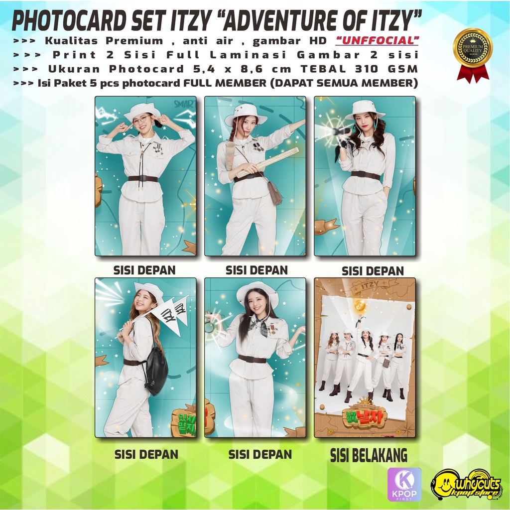 PHOTOCARD SET KPOP PREMIUM ITZY  / ADVENTURE OF ITZY / OHBOY MAGZ / CRAZY IN LOVE / PRINT 2 SISI FULL LAMINASI GLOSSY ISI 5 PCS LENGKAP