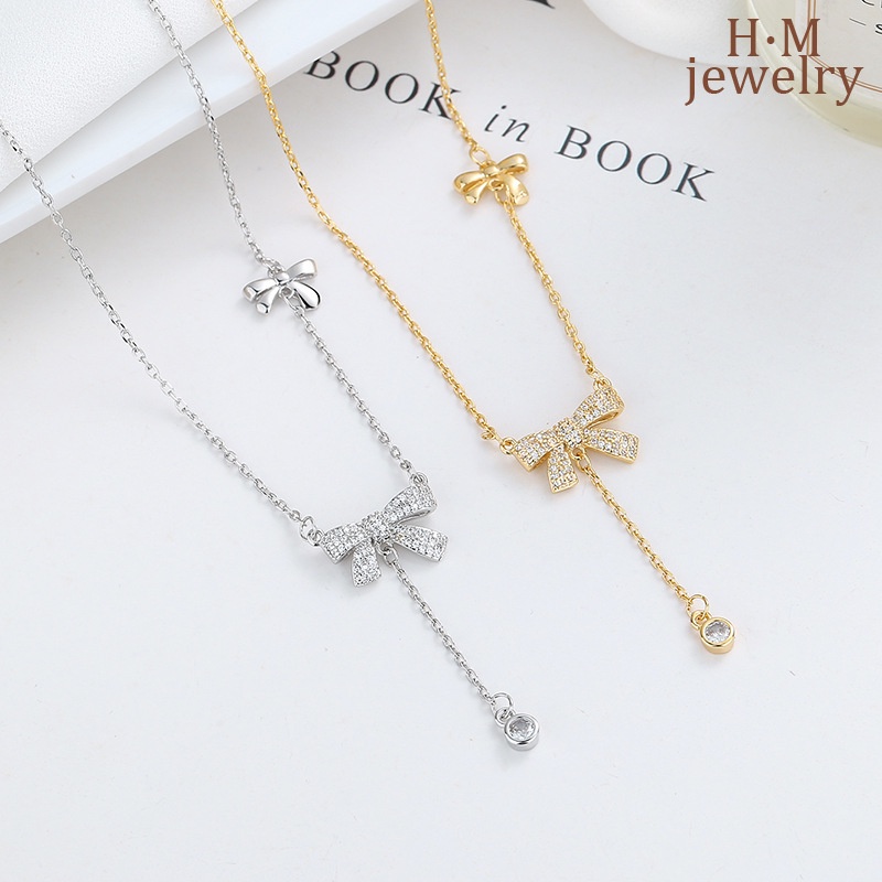 Kalung Rantai Sterling Silver 925 Dengan Liontin Pita Hias Berlian Imitasi Untuk Wanita