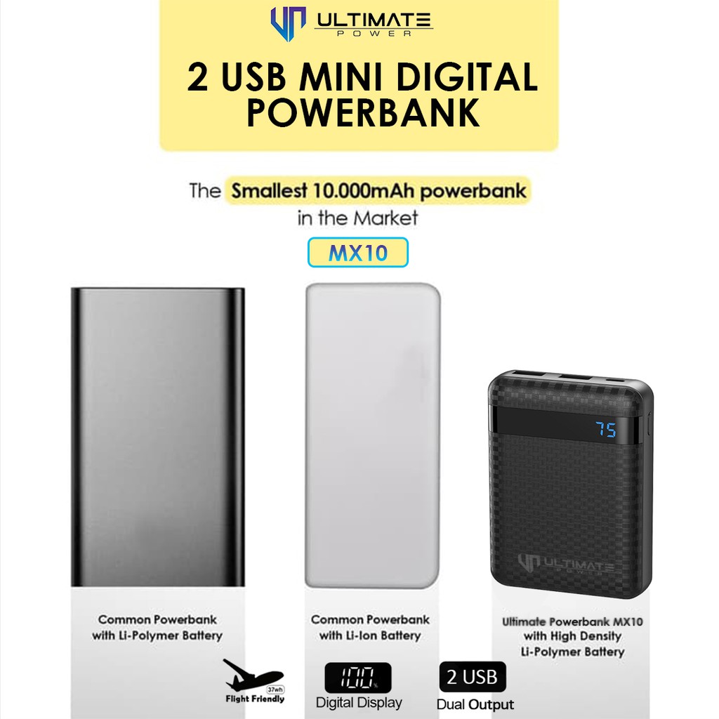 Powerbank 10000mAh Ultimate Power 2USB Mini Digital Powerbank 10000mAh MX10 original100%asli