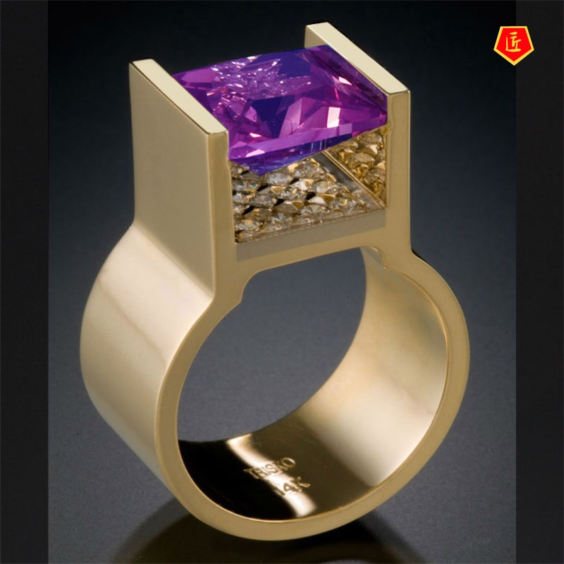 [Ready Stock]Creative Gold Inlaid Purple Crystal Square Diamond Ring