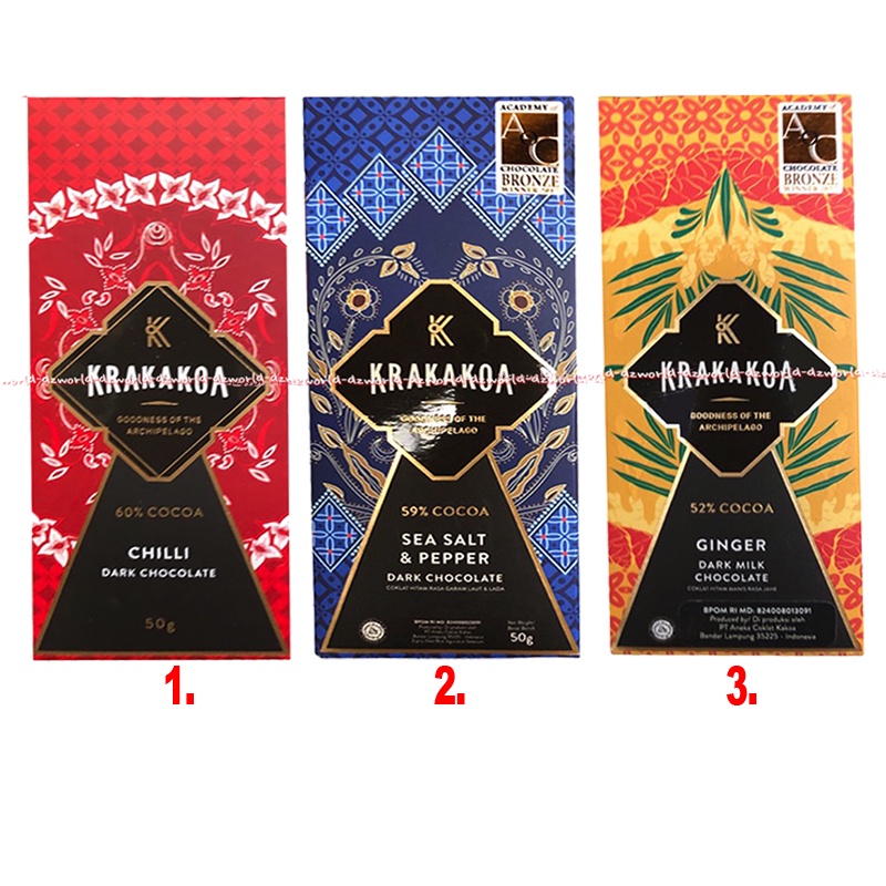 

Krakakoa 60% Cocoa Chilli Dark Chocolate 59% Cocoa Sea Salt peppers 52% Ginger Dark Milk Cokelat Coklat Hitam Kokoa Cracacoa Kracoa