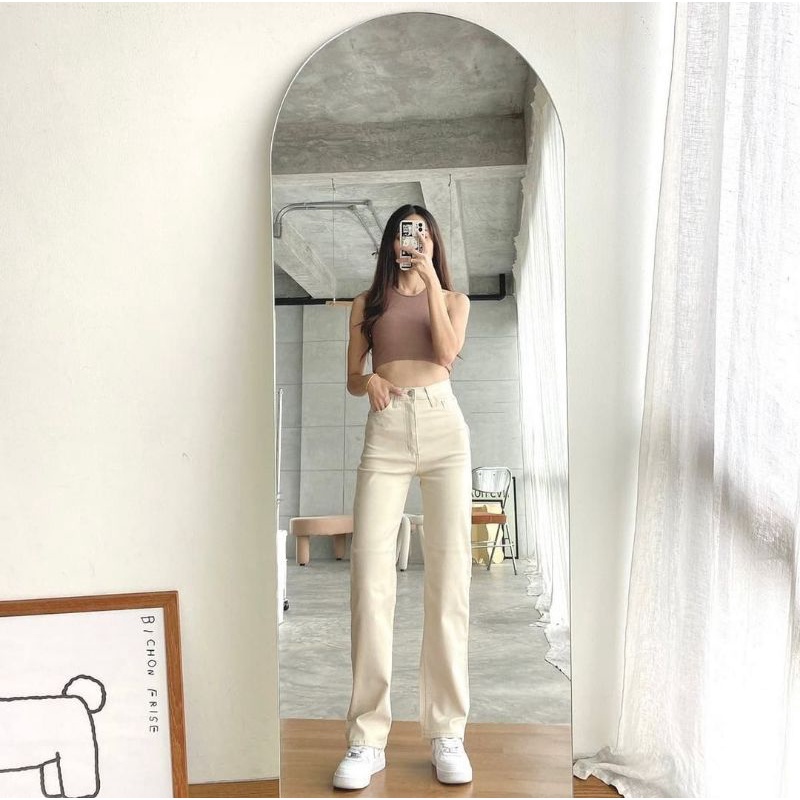 (27-30) BABY CREAM HW STRETCHY LOOSE JEANS / BEIGE HW STRETCH LOOSE JEANS / CELANA HIGHWAIST LOOSE JEANS WANITA CEWEK