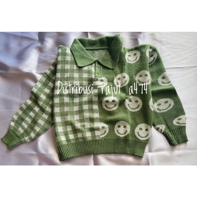 Sweater Rajut Premium Oversize Kerah Motif Smile Tartan Blous Rajut Tebal vintage