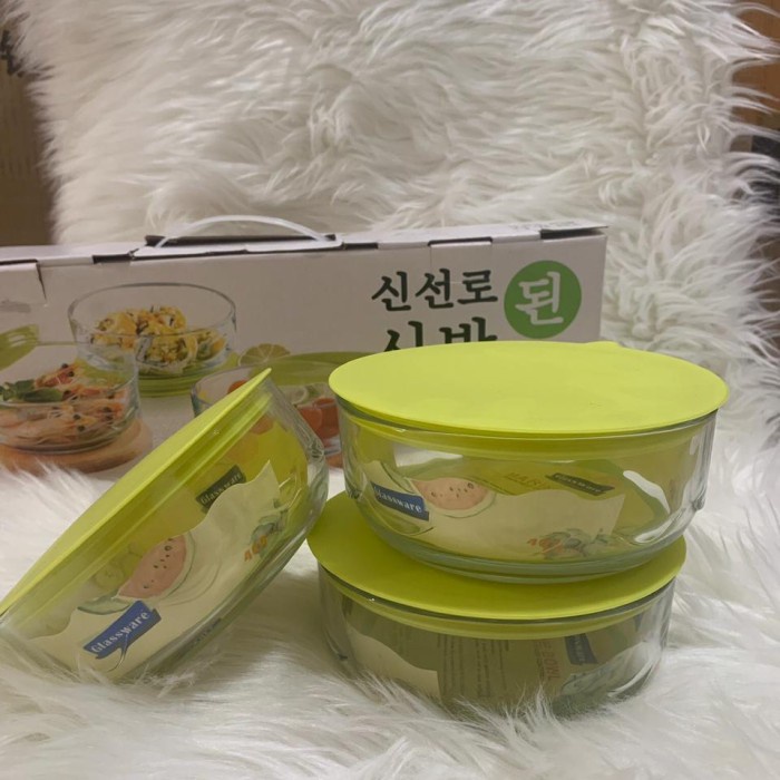 Mangkok Kaca - Mangkok Tutup Vacum Ketat Korea Set 3Pcs Bulat Kaca Tebal Microwav