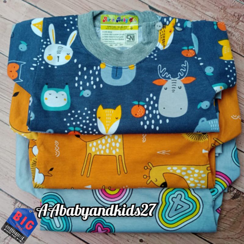 AIRIN BABY 3PC Kaos Oblong Bayi Kancing Pundak Full Print Warna Lembut dan SNI Ukuran M L