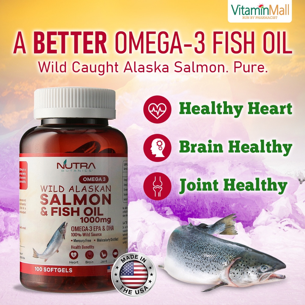 [Ship from Singapore] Nutra Botanics Wild Alaska Omega 3 Salmon Fish Oil 1000mg – 100 Softgels – Ome