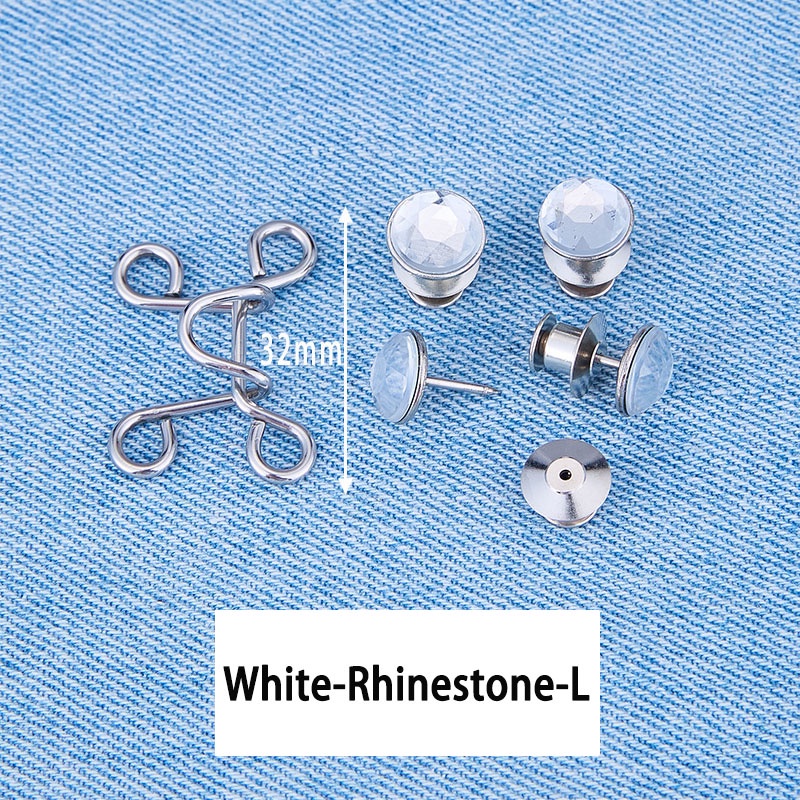 Kancing Jeans Logam Mutiara Adjustable Kancing Pengait Celana Panjang Jeans Denim Desain Mutiara Warna Putih Kait Pengecil Lingkar Pinggang Celana Jeans Model Bisa Dilepas ANTOP-Berlian Imitasi Putih-L