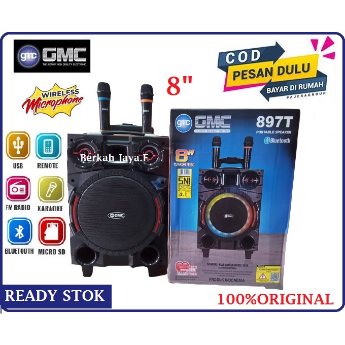 Speaker Portable GMC 897T Speaker Bluetooth 8 inch Free 2 Mic Wireless