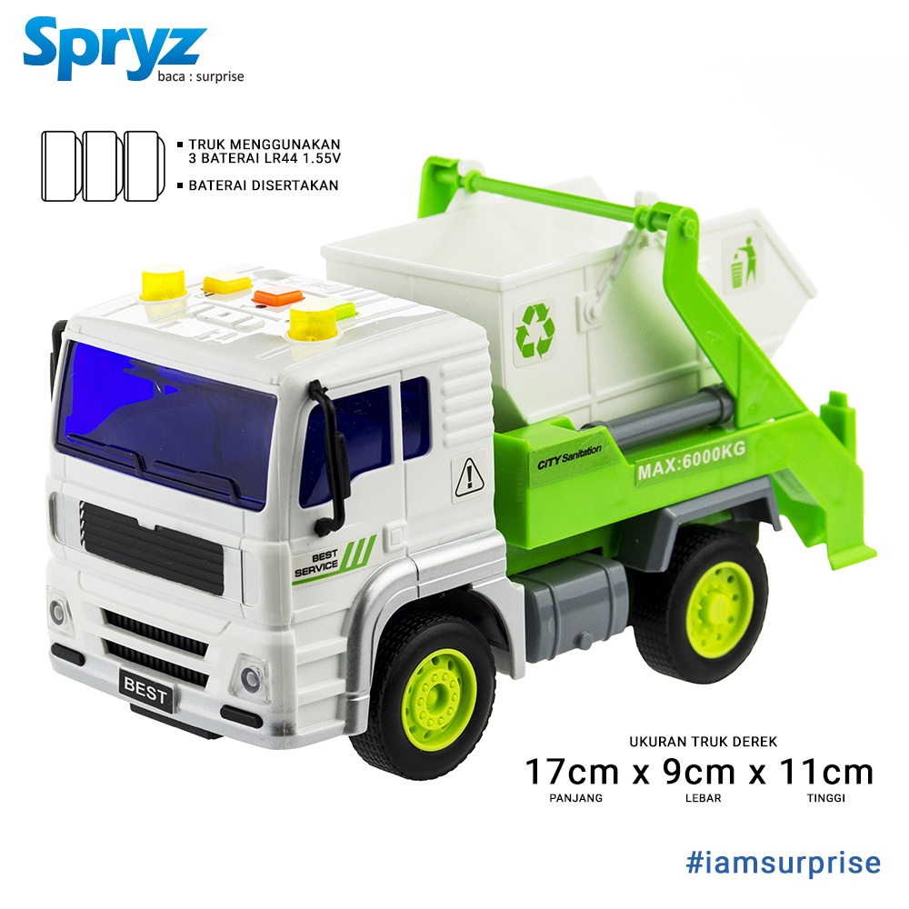 Spryz Citysquad Mainan Truk Bak Daur Ulang 1:20 dengan Mesin Friction, Lampu &amp; Suara