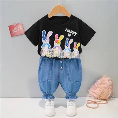 KF CAT Setelan Anak Perempuan Fashion Casual Kaos Rabbit Renda Lengan Pendek + Celana Bawah Karet Style Ala Korea Import Untuk Umur 6 Bulan-4Tahun