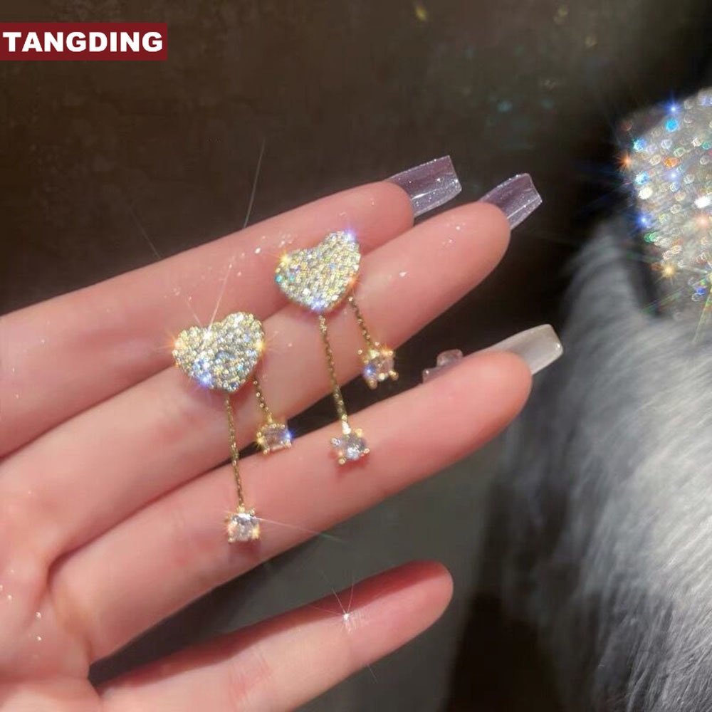 【COD Tangding】Anting Tusuk Gantung Asimetris Desain Hati Hias Berlian Untuk Wanita