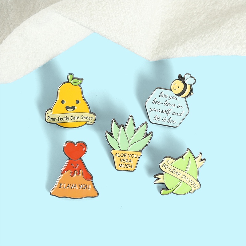 Funny Phrases Banner Enamel Pin Lava Bee Leaf Pear Aloe Brooch Badges Cartoon Plants Jewelry Gift