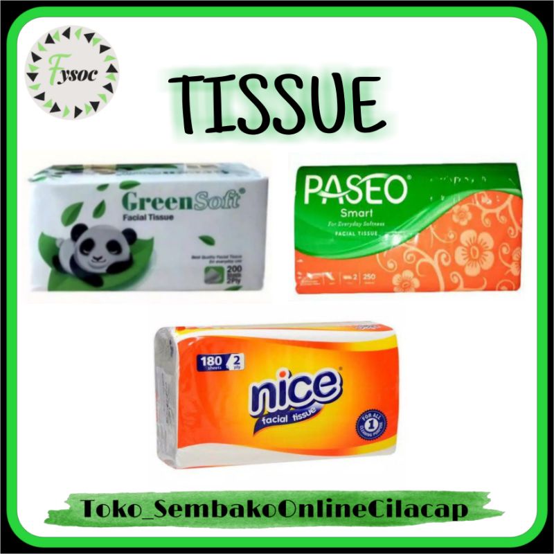 TISSUE FACIAL PASEO 500 SHEETS | TISU NICE 180 SHEET 2 PLY | GREEN SOFT 200 S'
