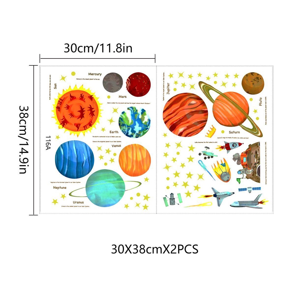 2pcs / Set Stiker Dinding Desain Kartun Planet Tata Surya Untuk Dekorasi Rumah