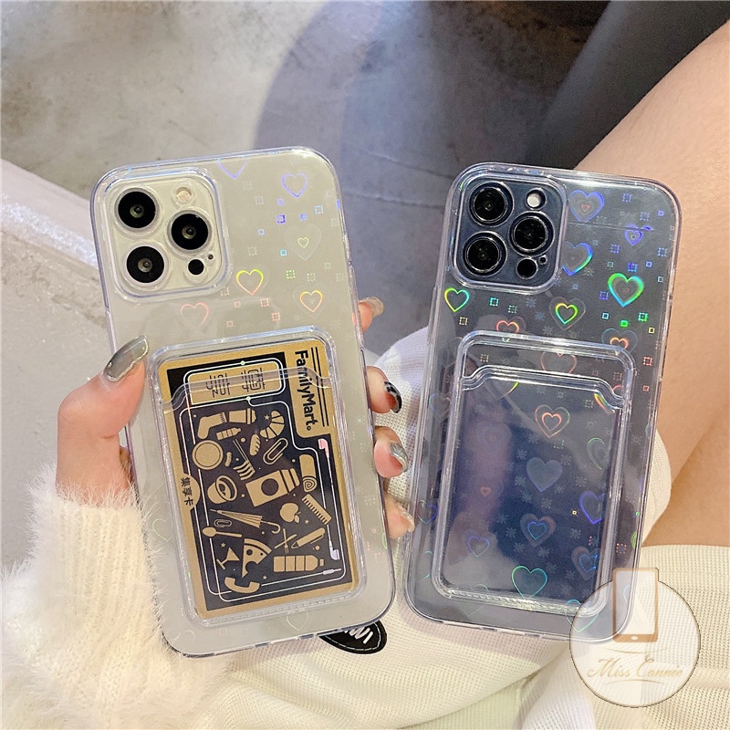Soft Case Transparan Motif Hati Dengan Slot Kartu Untuk iPhone 7 8 Plus X XR XS Max SE 11 12 13 Pro Max
