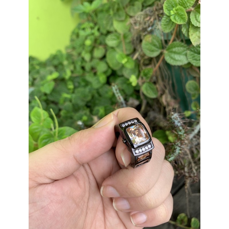 Cincin Pria Batu Smoky Quartz Champagne Minimalis Modern Elegan Ring Hitam Anti Luntur dan Karat