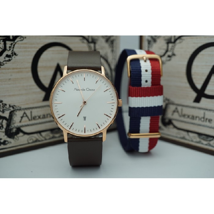 jam tangan alexandre christie AC 8420MD FREE TALI KANVAS COKLAT ROSEGOLD