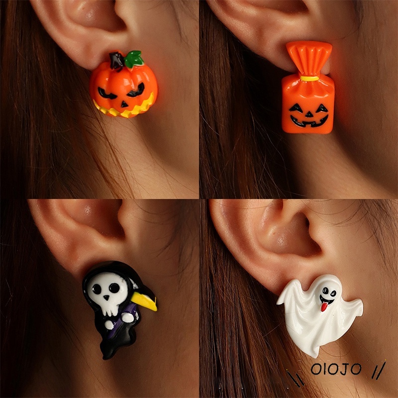 Horror Lucu Halloween Anting-Anting Tengkorak Labu Grim Reaper Horor Suasana Kancing Telinga Perhiasan Aksesoris - ol