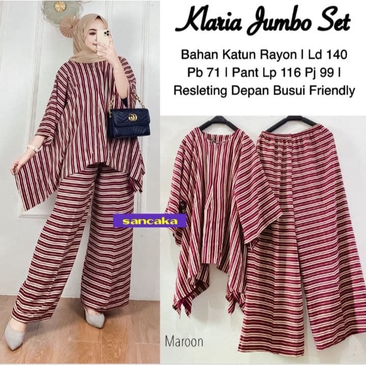 Klaria Set Jumbo - One Set Jumbo Katun Rayon Tidie Premium Busui Setelan Wanita Waka Waka Set Celana Panjang Bigsize LD 140 cm