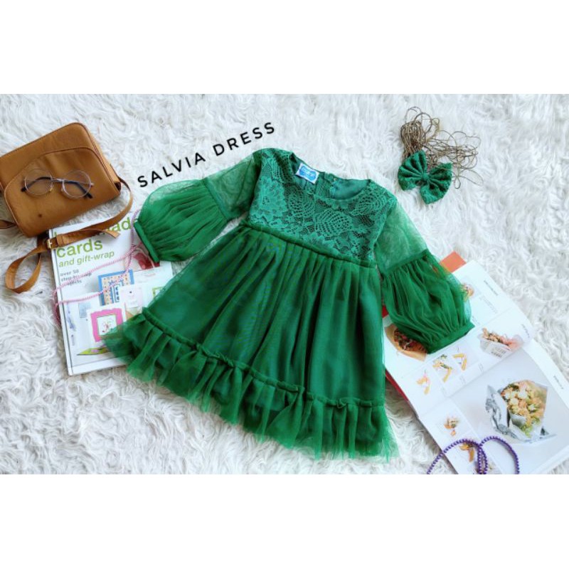 DRESS ANAK & DEWASA "SALVIA DRESS" WARNA HIJAU BOTOL