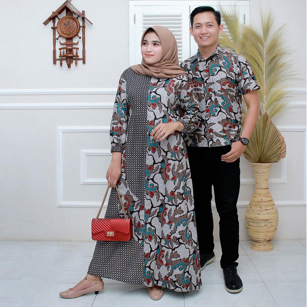 Batik Couple Gamis batik Maura Sania Ruffle ori Ndoro jowi DNT Size M L XL All Size-2