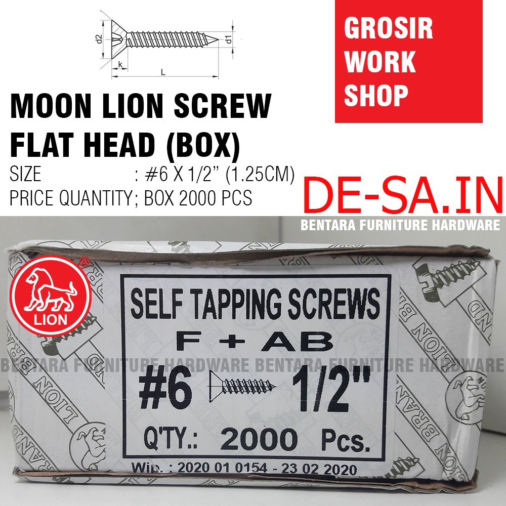 Moon Lion (GROSIR) #6 x 12MM  Box 2000 PCS Skrup Tapping Screw (Sekrup Lion #6 X 1/2&quot;) (WORKSHOP)