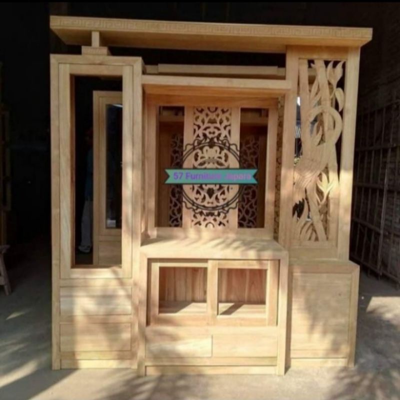 Partisi jati pemisah ruangan minimalis bufet lemari pajangan ruang tamu jati mentahan
