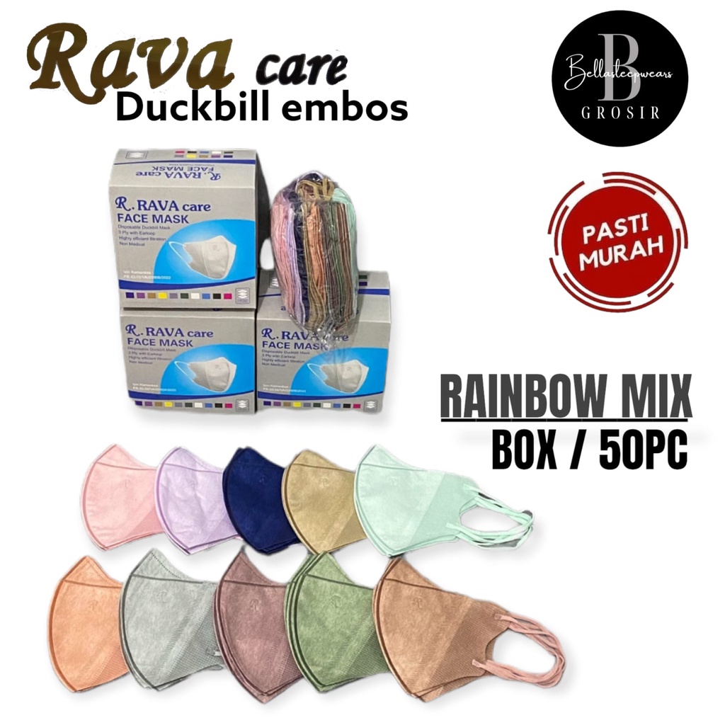 RAVA CARE - MASKER DUCKBILL RAVA EMBOS HITAM PUTIH RAINBOW MIX BOX ISI 50 PC