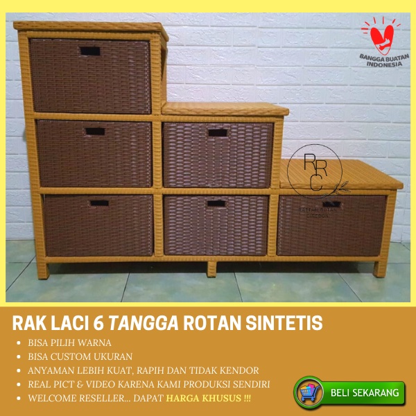 Lemari Rak Laci 6 Susun Tangga Rotan Sintetis Kabinet Plastik