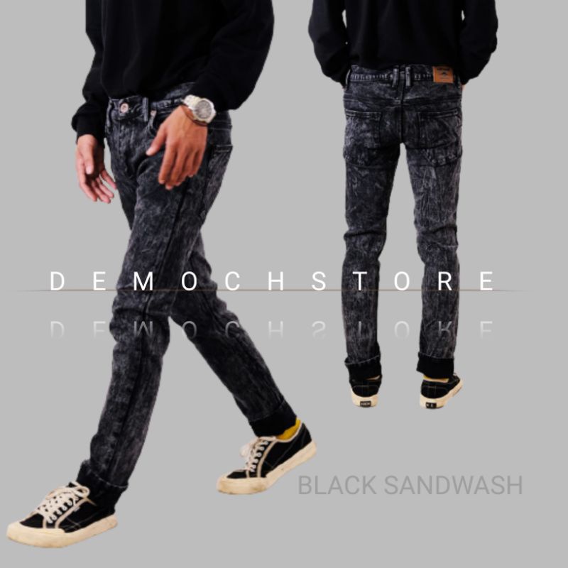 Celana Jeans Pria Hitam Black Sandwash Skinny Stretch Slim Fit Full Denim