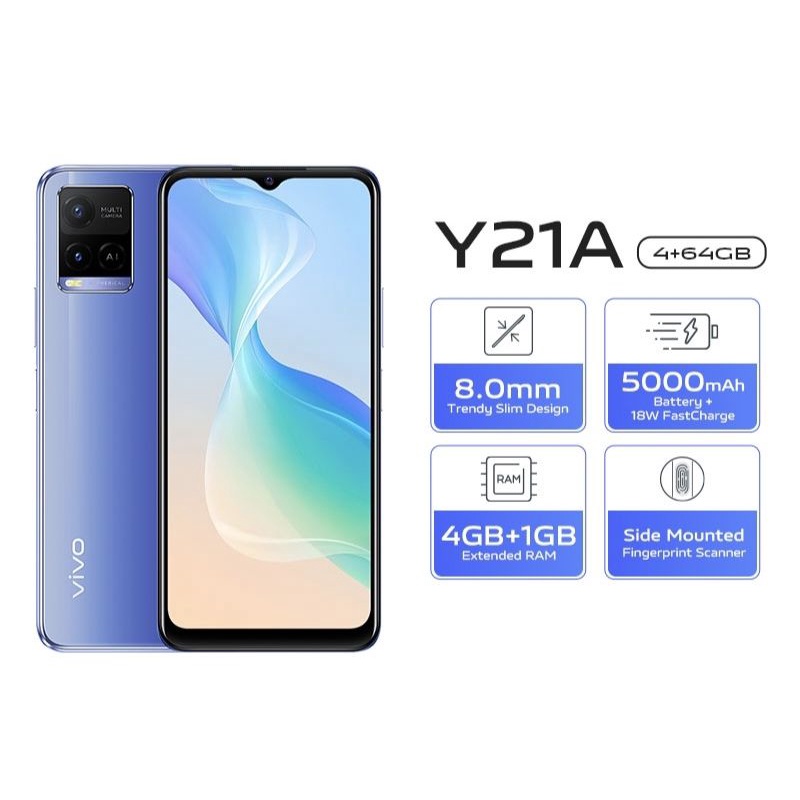 vivo Y21A - RAM 4GB+1GB Extended, ROM 64GB, 5000mAh Battery+18W FastCharge, AI Triple Mode Camera