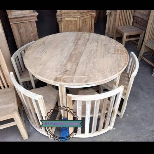 Meja makan cafe mentahan model  bundar  kayu  jati kursi  6 