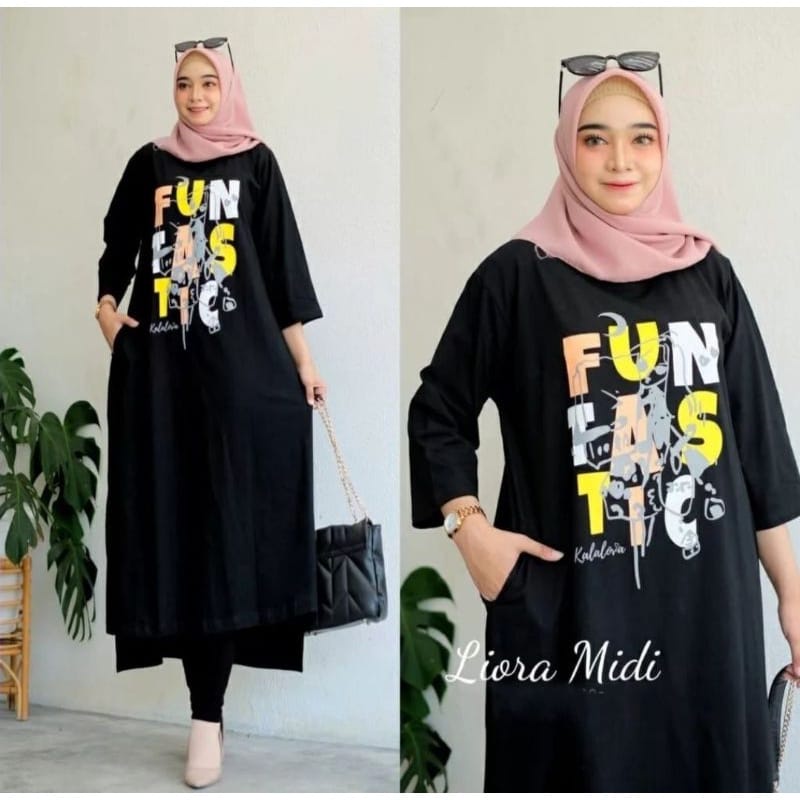 Gamis midi dress Lyora dress bahan kaos katun combed 24s Aplikasi sablon Ukuran s - xxl ld 90 - 120 cm Long tunik wanita jumbo warna hitam Baju atasan wanita lengan panjang Kaos oversize wanita korean style Dress remaja tanggung