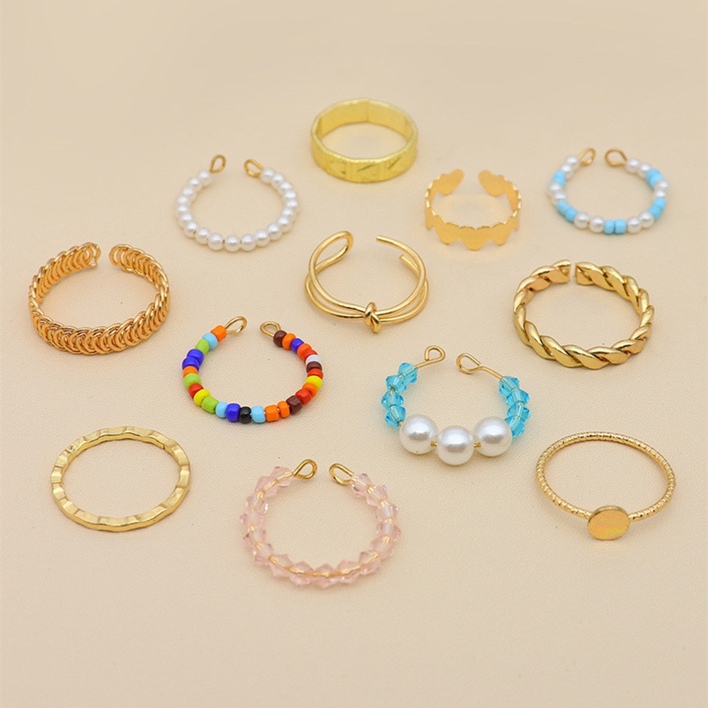 Hu Hu Hu Hu Hu Alat Bantu Pasang Kacamata♡ 12pcs / Set Cincin Knuckle Model Terbuka Aksen Mutiara Imitasi Warna-Warni Untuk Wanita