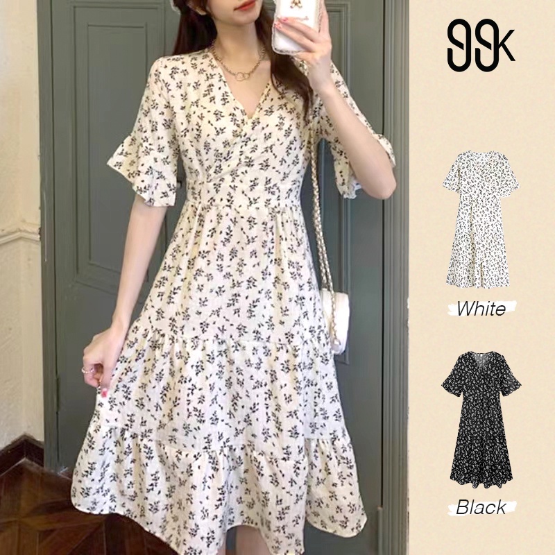 V Neck Short Sleeve A Line Floral Midi Dress 2854 (S/M/L)