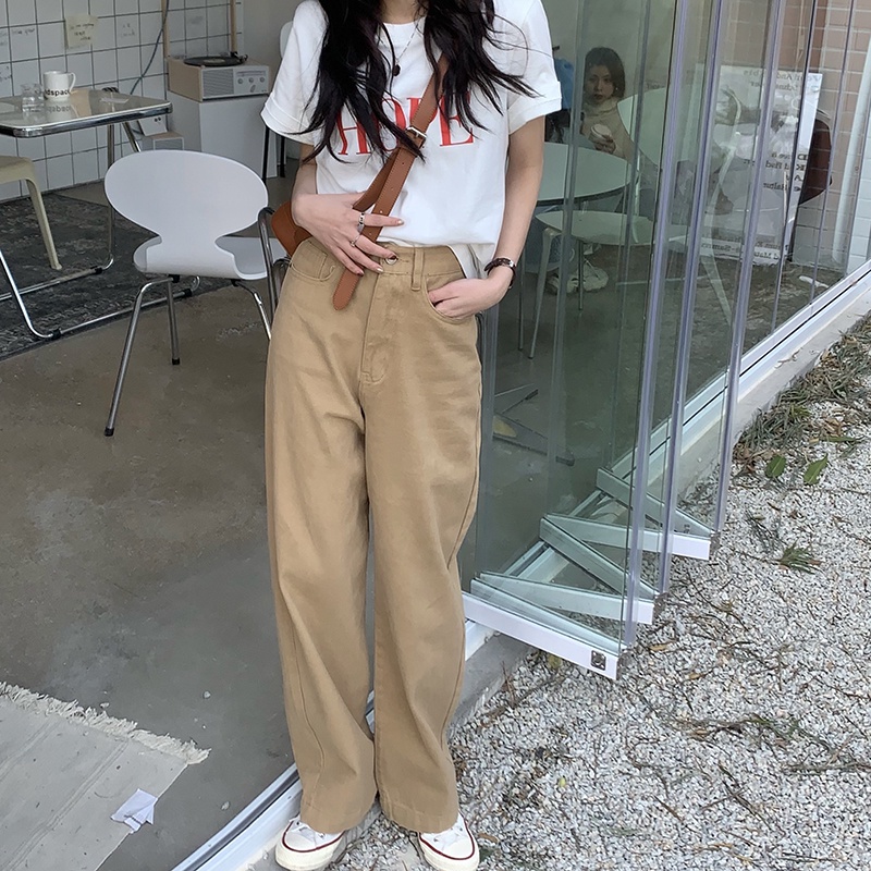 [chaoo.id]Celana kargo berkaki lebar model pinggang tinggi lurus longgar cocok untuk semua celana jens wanita/Korean style straight leg loose khaki jeans