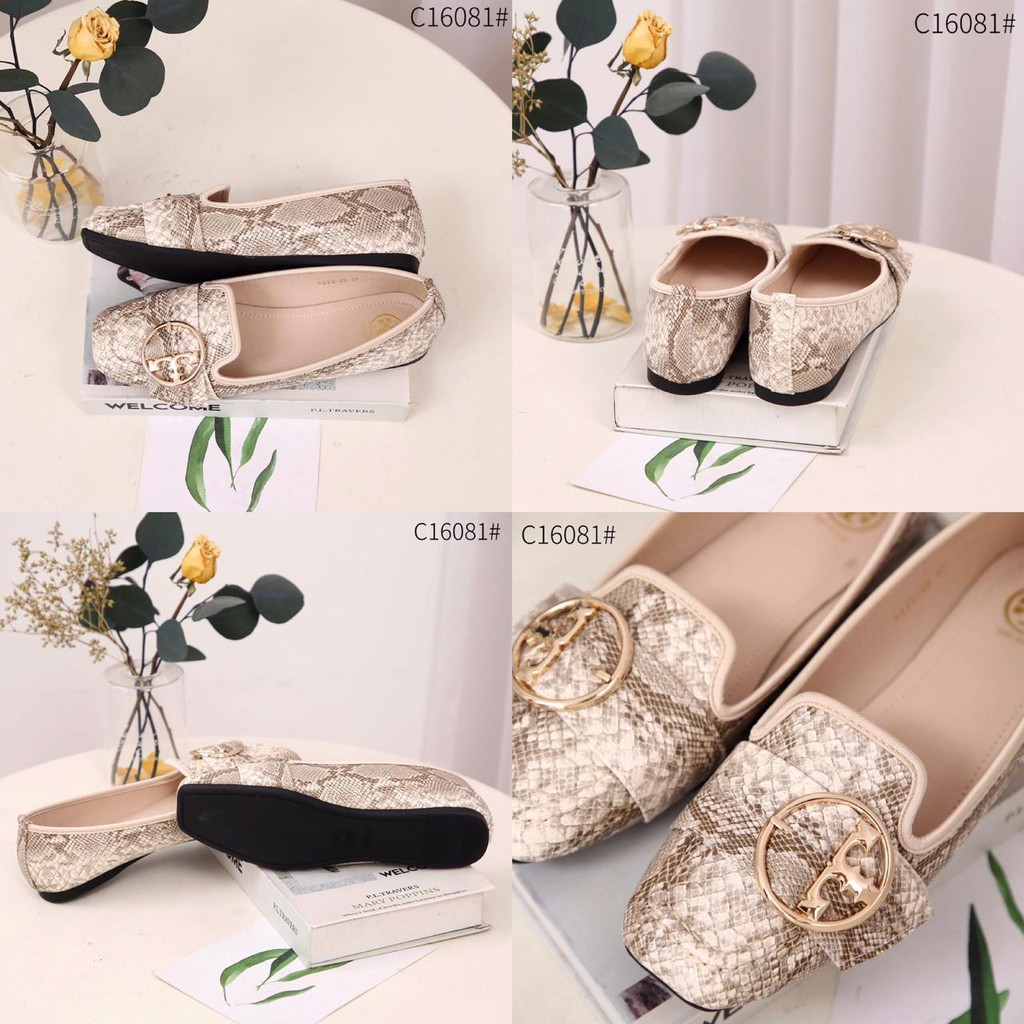 TB C16081 Embossed Leather Flat Shoes