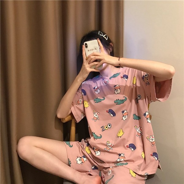 UNINICE [COD] Kartun Crocodile Wanita Piyama Lucu Cetak Longgar Loungewear Set Plus Ukuran Celana Pendek Lengan Pendek