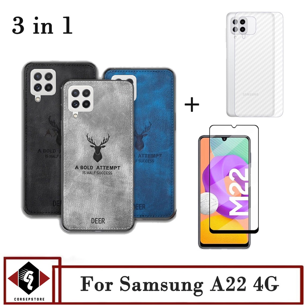 Promo Paket 3 IN 1 Case DEER Samsung A22 4G Free Tempered Glass Layar Dan Garskin