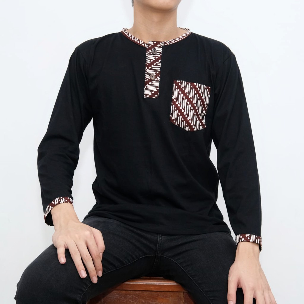 Baju Koko Variasi Batik Lengan Panjang Pria Warna Hitam Premium Jabrik Jogja