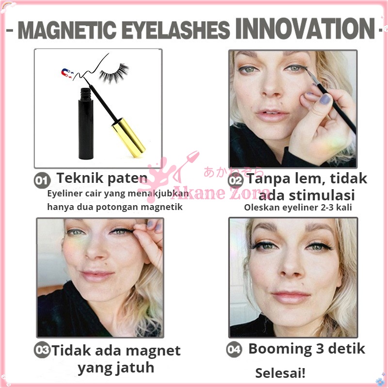 Akane Zora Bulu Mata Magnet 3 Pasang Set Tidak Perlu Lem Bulu Mata/ Bulu Mata Palsu Natural/ Bulu Mata Palsu Magnetik Magnet 3D Premium Silk Eyelash Magnetic Eyeliner/ Bulu Mata Palsu Magnetik