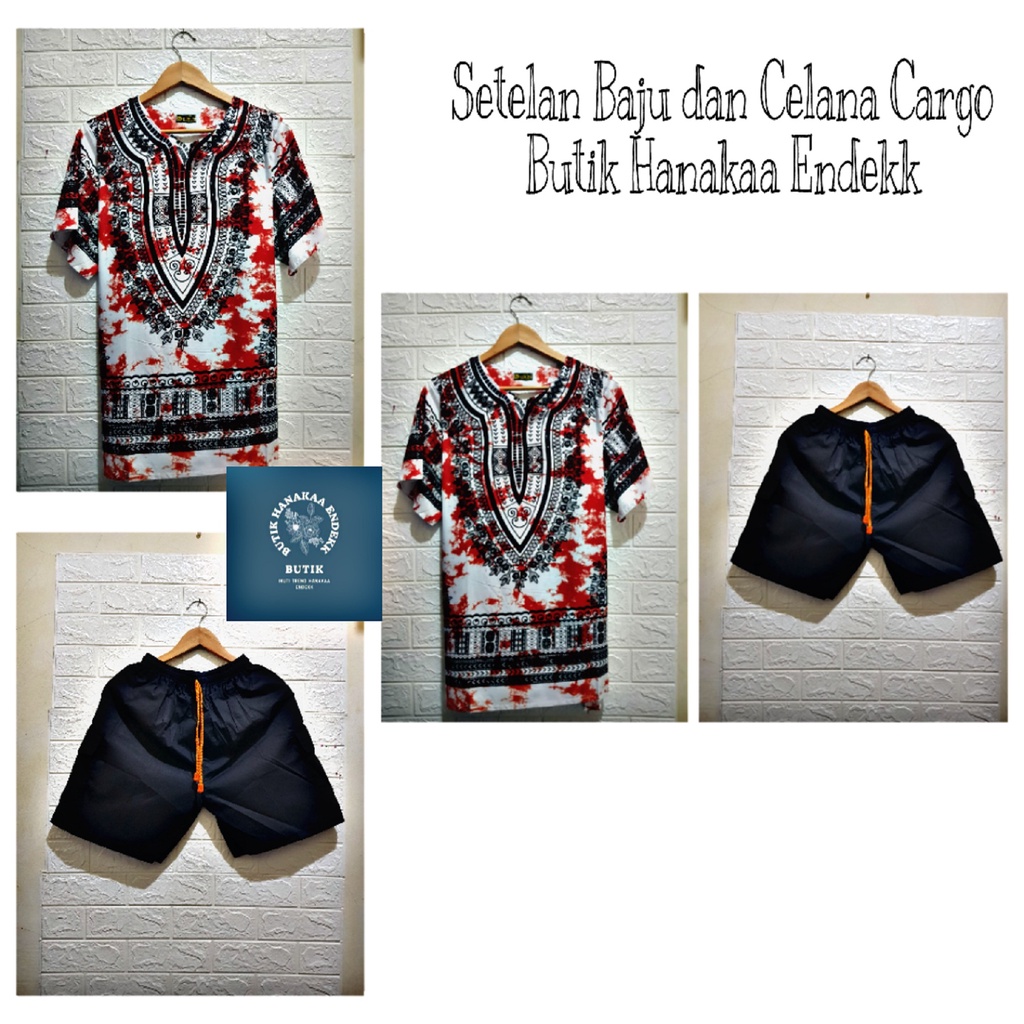 Set/Setelan Baju dan Celana Cargo Etnik Dashiki Bercak Pria/Wanita (Unisex)