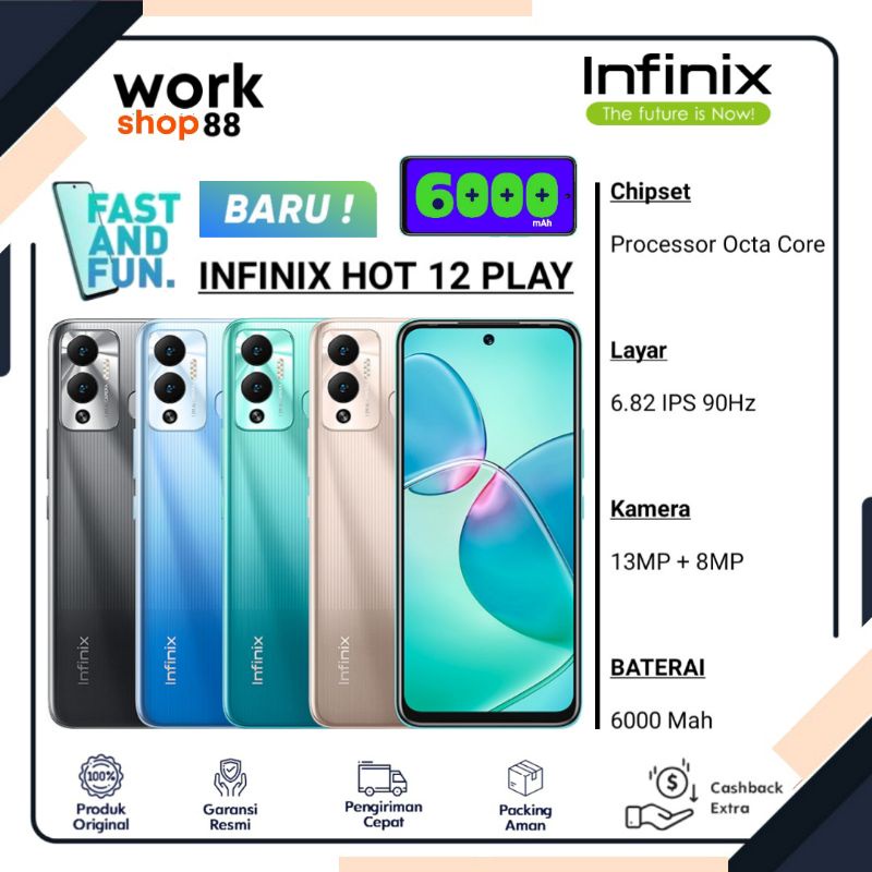 HP Terbaru Infinix Hot 12 Play 4/128 ( Up To Ram 7GB ) 4GB + 3GB Extendable Rom 128GB - New Original