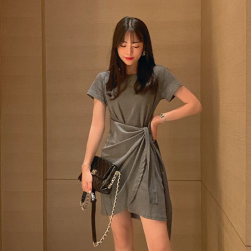 [littlecrab] Dress Wanita Wrapping Hitam Abu-Abu Dress Santai High Class Dress Model Santai Hang Out Dress High Quality Dress Pendek Dress Pesta Dress Simple Polos Elegan Casual Korean Style