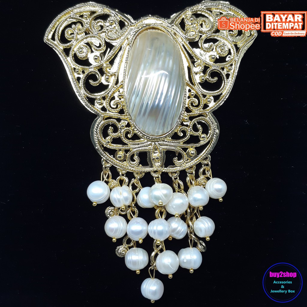 Bros kebaya motif kupu-kupu kulit kerang besar mutiara air tawar