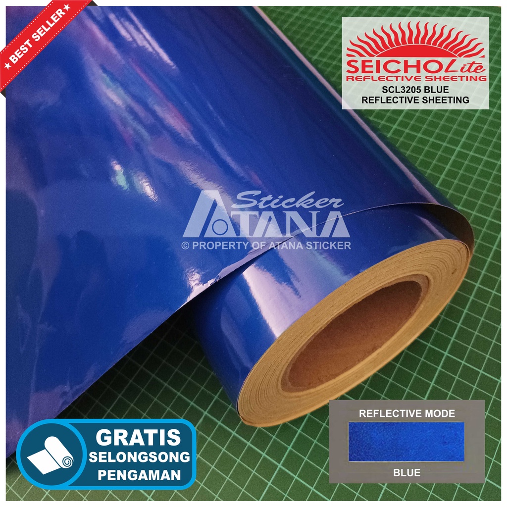 Bahan Stiker Cutting Biru Skotlet Reflektif Fosfor Blue Seicholite Reflective Sheeting Nyala Printing Sticker Material Scotchlite Scolite Scotlet Sechotlite Memantulkan Cahaya Flash Malam Hari Mata Kucing Mesin Plotter