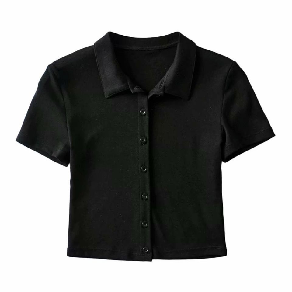 Suhao American top Street shot retro ketat single-breasted kemeja POLO kerah pendek menunjukkan elas